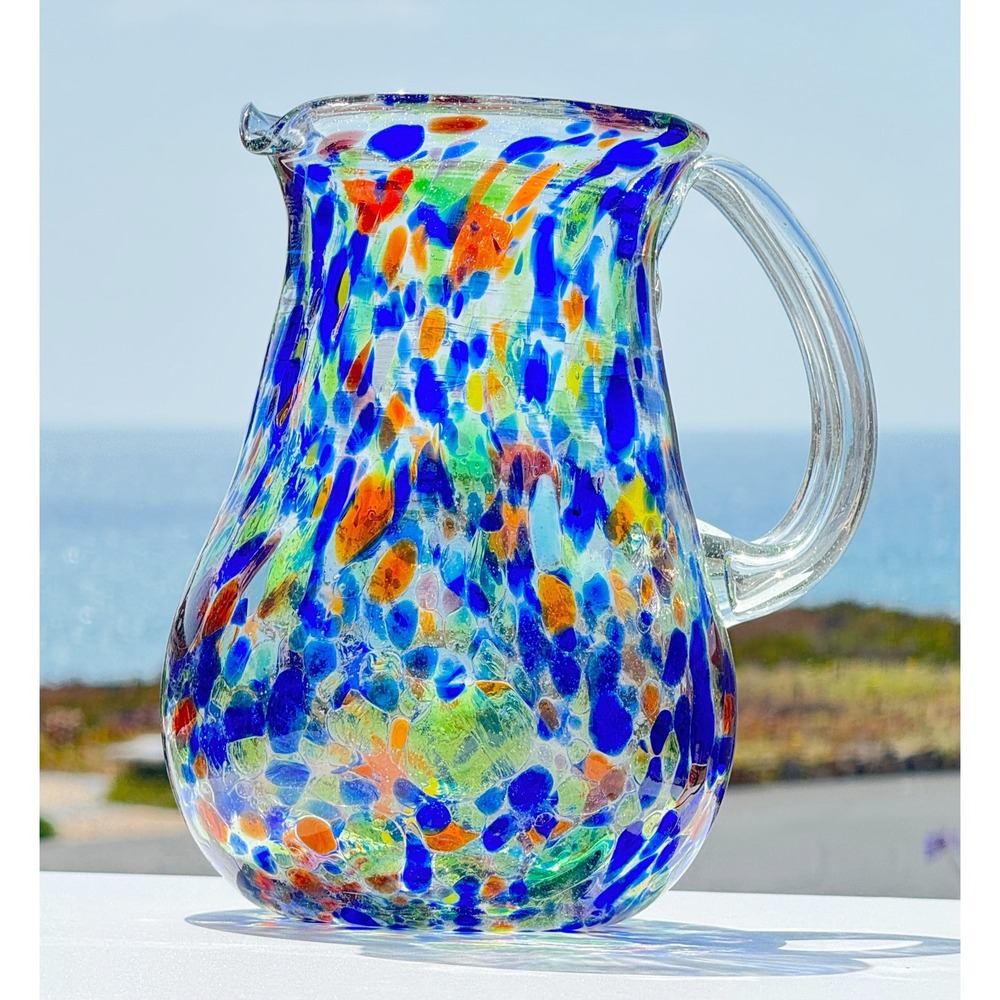 Confetti Art Glass Pitcher Unbranded Hand Blown Multicolor Splatter Home Decor‎